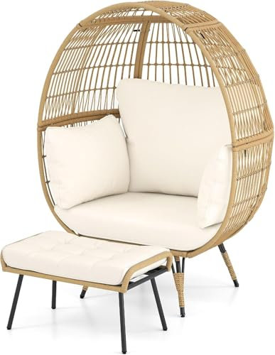 GIANTEX Fauteuil de Salon d'extérieur en rotin, Fauteuil en Osier avec Tabouret, Chaise papasan d'extérieur avec Coussin, Structure en métal, Chaise XXL pour Jardin, Balcon