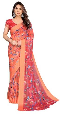 ETHNICMODE indien Sari For femme Printed Georgette Light Weight Jari Party Wear Orange Saree With Unstitched Red Blouse Piece-1194