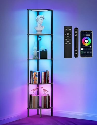 OUTONLIFE Lámpara de Pie RGB LED con Estantería de Esquina Regulable con Luz, Táctil & App & Mando a Distancia, Music-Sync, Iluminación Multicolor, Estantería de 5 Niveles para Salón, Dormitorio