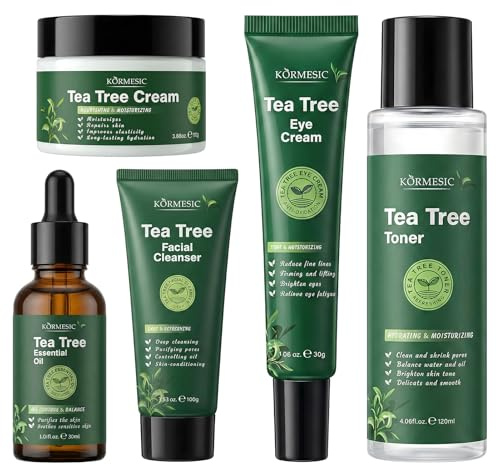 Tea Tree Set Per La Cura Della Pelle, Anti Acne, Kit Skincare Viso Completo, con Crema Brufoli Viso, Detergente, Oli Essenziali, Brufoli viso Cura, per Pelle Mista, Grassa o Acneica