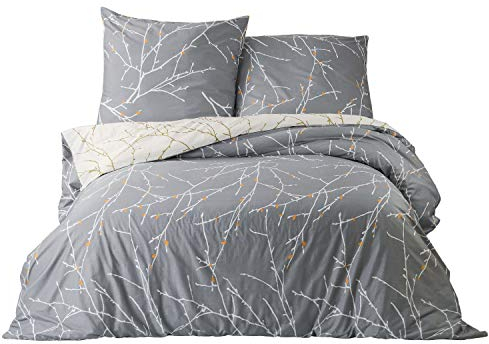BEDSURE Bettwäsche 200x200 Baumwolle Grau - Bettwäsche-Sets 200 x 200 cm Bettbezug 3teilig mit 2 Kissenbezüge 80x80 cm, ÖKO-TEX Wendebettwäsche Bedding Zweige Muster mit Reißverschluss