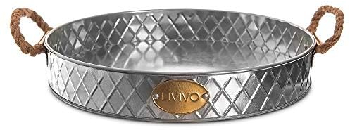 LIVIVO Galvanised Metal Serving Tray Dish with Twisted Jute Rope Handles – Diamond Embossed Raised Sides Edges – Ideal for Serving Garden Party Drinks & Snacks Or Beautiful Display Decorative Piece