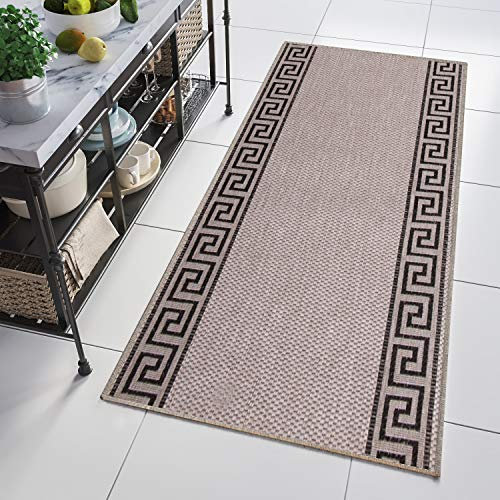 TAPISO Floorlux Teppich Läufer Meterware Flur Küche Wohnzimmer Indoor Sisal Optik Modern Geometrisch Griechisch Grau Schwarz Brücke 80 x 180 cm