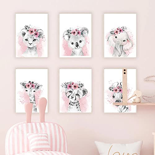6 Bilder Kinderzimmer Mädchen Tiere Safari Poster Set Bilder Kinderzimmer Aquarell Rosa Baby Kunst Dekoration Poster Löwe Leopard Giraffe Koala Zebra Elefant Tierbilder Leinwand Kind Junge 21x30 cm