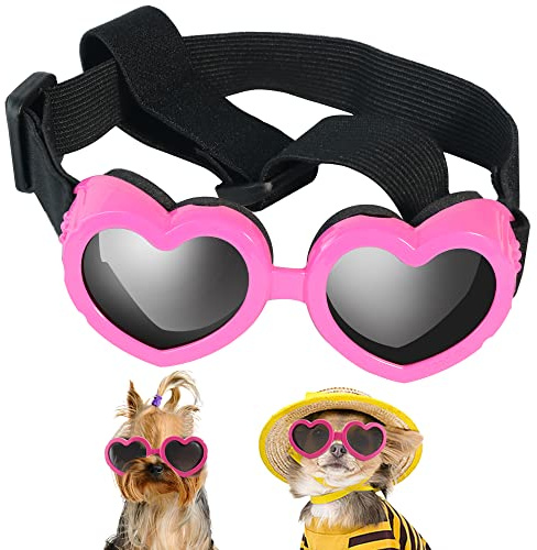 IKUSO Small Breed Dog Sunglasses, UV Protection with Adjustable Strap, Heart-Shaped Goggles for Waterproof, Windproof, Anti-Fog Eye Protection, Beach Accessories (Pink)