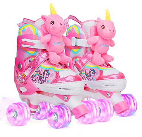 Patins à roulettes Enfant Poupée Licorne Roller Quad Ajustable avec 4 Roues Lumineuses Taille Réglable pour Filles Débutants Cadeau d'anniversaire Noël M(34~37)
