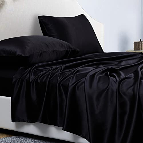 Completo Lenzuola Raso Matrimoniale Tinta Unita 200x200x36 cm - Lenzuola Sotto con Angoli Matrimoniali, Lenzuolo Sopra, 2 Federe - Biancheria da Letto Satin 4 Pezzi - Nero