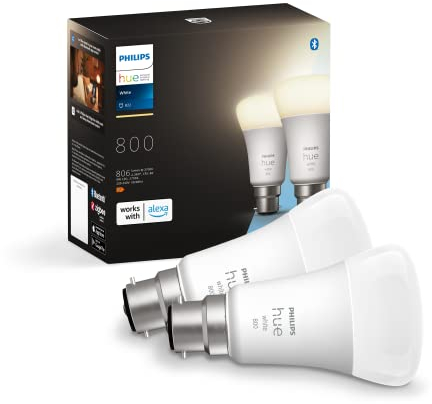 Philips Hue White LED Smart Light Bulb 2 Pack [B22 Bayonet Cap] Warm White - for Indoor Home Lighting, Compatible with Amazon Alexa Devices