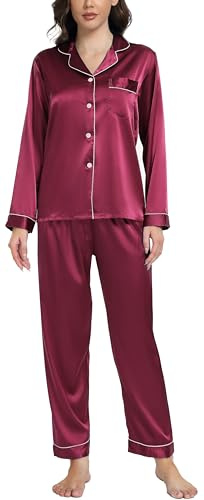 Lovasy Pyjamas for Women Button Down Ladies Satin Pyjama Two Piece Bride Pjs Sets