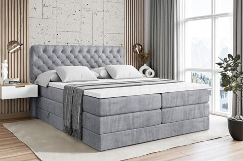 ALTDECOR Boxspringbett mit Matratze und Lattenrost, Topper, Polsterbett mit Bettkasten, Bett mit Stauraum H3- und H4- Matratze, Doppelbett, Springboxbett - BOXI8 King - 200x200 - Grau Monolith 84