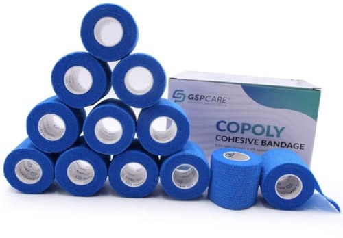 GSPCARE Self Adherent 12 Rolls 5cm X 4.5m Elastic Cohesive Bandages Used for Vet Wrap, Human Sports Care Include Wrist, Ankle, Knee (12 Rolls Blue)