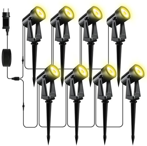 Yuusei Gartenbeleuchtung mit Strom, 8 in 1 Pack 29.8M Gartenlampen für Draußen, 3000K Warmweiß 27V LED Gartenleuchten mit Strom, IP65 Wasserdicht Gartenstrahler für Außen Garten Terrasse Bäume Rasen