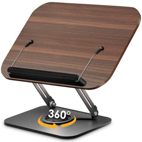 CIGAA Adjustable Book Stand with 360°Rotation Base, Foldable Cookbook Stand Recipe Book Holder with Elastic Page Clips for Textbooks, Recipes, Magazines, Music Scores, Laptops
