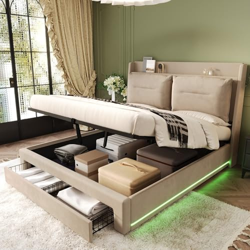 Fppuueg Cama Tapizada de 160x200 cm con Cabecero LED y 2 Cajones, Estructura de Cama Doble con Soporte de Láminas de Madera y Almacenaje Hidráulica, Somier Metálico, Terciopelo, Beige, Sin Colchon