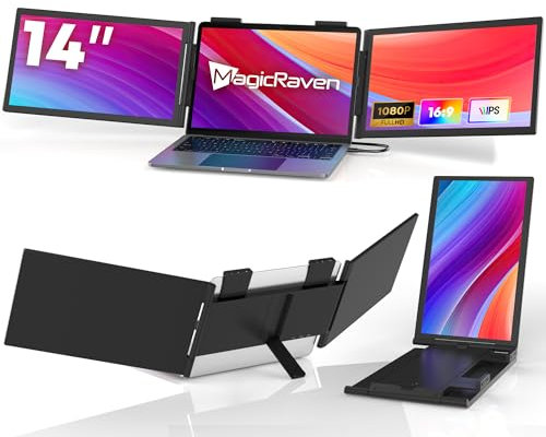 MAGICRAVEN Laptop Screen Extender, 14 FHD 1080P IPS Triple Monitor Extender, Dual Portable Monitor for Laptop 14-16, USB C Monitor Portable Screen for Windows, Mac, Android, Chrome, Plug and Play