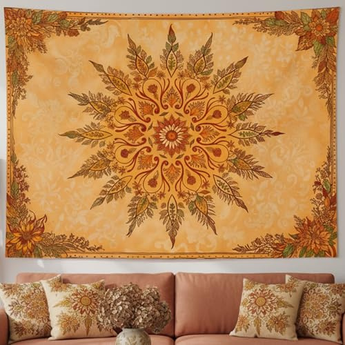 Accnicc Boho Mandala Floral Tapestry Vintage Bohemian Indian Tapestries for Bedroom Aesthetic Retro Orange Yellow Flower Tapestry Wall Hanging for Dorm Living Room Decor 60 x 44 Inch