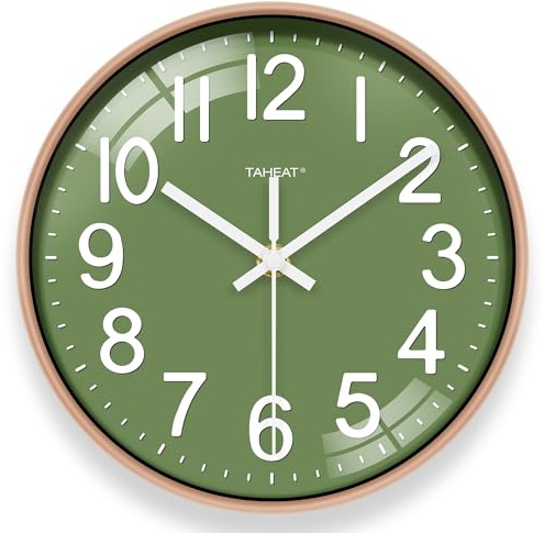 TAHEAT Wall Clock, Silent Green & Gold Unusual Modern Decorative Clock for Kitchen Living Room Bedroom Office School, 10 Inch