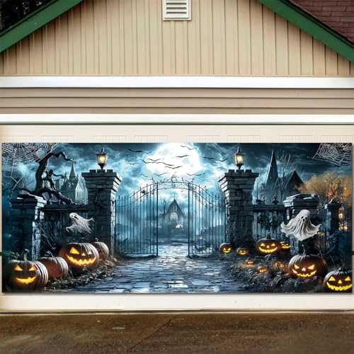 7x16FT Halloween Garage Door Decoration Banner, Scary Cemetery Theme Large Garage Door Cover, Full Moon Ghost and Evil Pumpkin Backdrop for Halloween Party Decorative Supplies