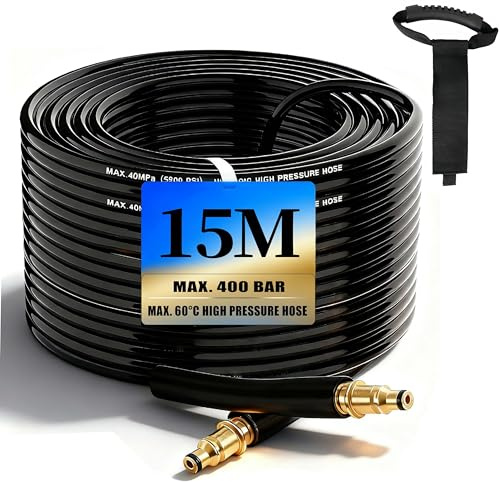 15m Hochdruckschlauch für Kärcher K2 K3 K4 K5 K7, 400 Bar (5800 PSI) mit Quick-Connect-Click-System, praktischer Verlängerungs- und Ersatzschlauch inkl. Aufbewahrungsgurt