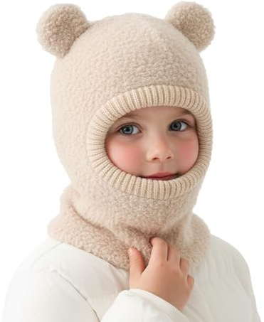AYPOW Bonnet Cagoule Enfant d'Hiver pour Bébé de 4 à 8 Ans, Tricot Chaud Ensemble Chapeau Écharpe Oreilles avec Pompon, Thermique Coupe-Vent Chapeaux Tout-Petits Garcon Fille Masque Doublé en Polaire