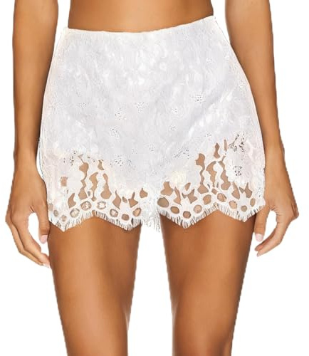 Piacakece Women Y2K Satin Silk Lace Mini Skirt Low Rise Half Slip Skorts Solid Color Flowy Short Skirt with Panty Lining (White, M)