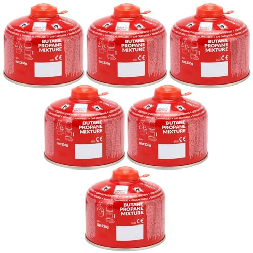 Greenfields 6 Pack 230g Propane Butane Gas Cartridge – EN417 Screw-On Resealable Camping Stove Fuel for Portable Cookers, Gas BBQs, Blowtorches & Outdoor Cooking