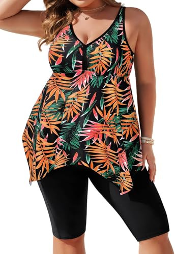 Hanna Nikole Womens Plus Size Tankini Swimsuits Sleeveless Rash Guard for Mama Pregnant Bathing Suit for Cruise Orange Leaf US 22