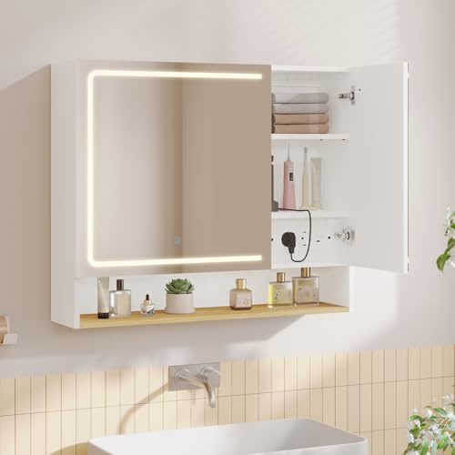 FORABAMB Meuble de Salle de Bain avec Éclairage LED et Prise, Armoire de Toilette Miroir avec 3 étagère Réglables,Interrupteur Tactile, Armoire Salle de Bain, Facile à Assembler,16 x 70 x 80 cm,Blanc