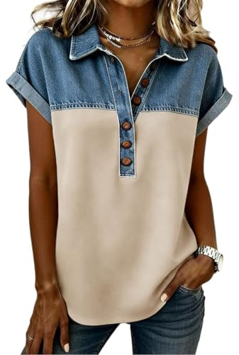 Chemise Femme Jean Patchwork Imprimé Chemisiers Et Blouses Col Montant Manches Courtes Chic Et Élégant T-Shirt Décontractée Respirant Chemisier Grande Taille Boutons Blouses Top