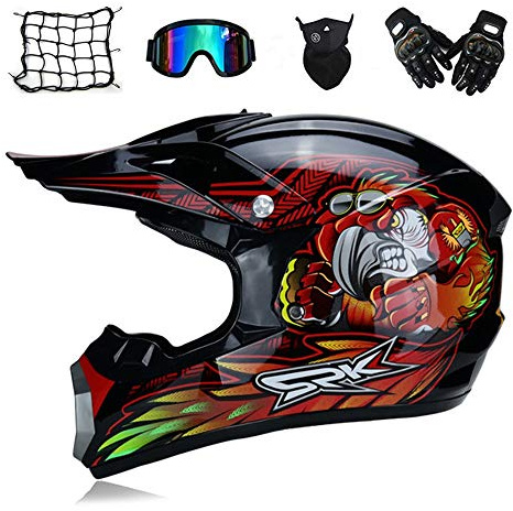 Adulto Casco Motocross Uomo Nero e Rosso - Set di 5 Pezzi - Fodera Removibile - Casco MTB Integrale Casco Moto Cross per Downhill Off Road Race ATV Scooter,M