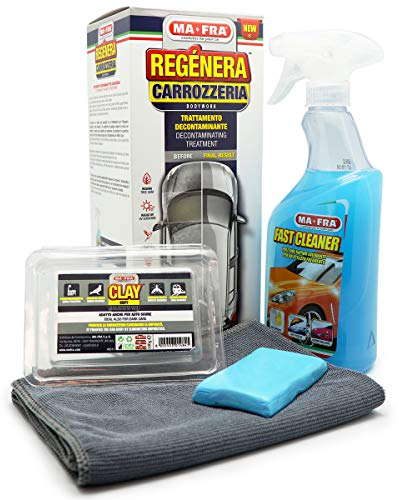Ma-Fra Kit Regénera Carrozzeria, Trattamento Decontaminante per Carrozzeria e Vetri Auto, Rimuove Smog, Insetti e Residui Ferrosi da Tutte Le Superfici Esterne, Contiene Fast Cleaner e Clay Bar Soft