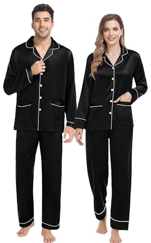SWOMOG Matchande pyjamasset för par, familjepyjamas i silke, satin, pyjamas med långa ärmar, knapprad och 2 fickor, svart, storlek XL, 2-pack