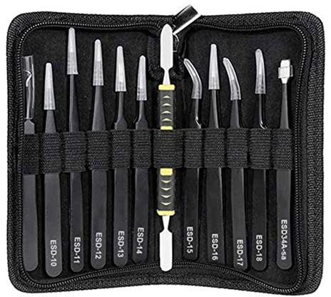 Nvanvmm Pinzette 12 StüCkes ESD Pinzetten Werkzeug Satz Antistatisch Nichtmagnetischer Edelstahl Multi-Standard mit Aufbewahrungstasche
