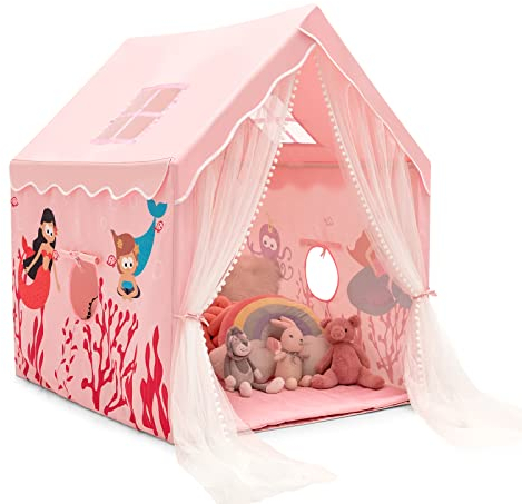 DREAMADE Spielzelt für Kinder mit gepolsterter Decke, Kinder Spielhaus mit Netzvorhang und Fenstern, Kinderzelt für Jungs & Mädchen, für Indoor und Outdoor (Rosa)