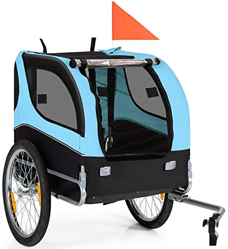 GYMAX Rimorchio per Cani, Carrello per Cani in Rete Traspirante con 3 Ingressi, Bandiera di Sicurezza, Catarifrangenti, Aggancio Universale per Biciclette, Adatto a Cani di Taglia Media (Blu)