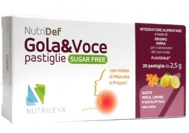 NUTRIDEF GOLA & VOCE SUGAR FREE CON MIELE DI MANUKA E PROPOLI 20 PASTIGLIE GUSTO MIELE, LIMONE E EUCALIPTOLO.