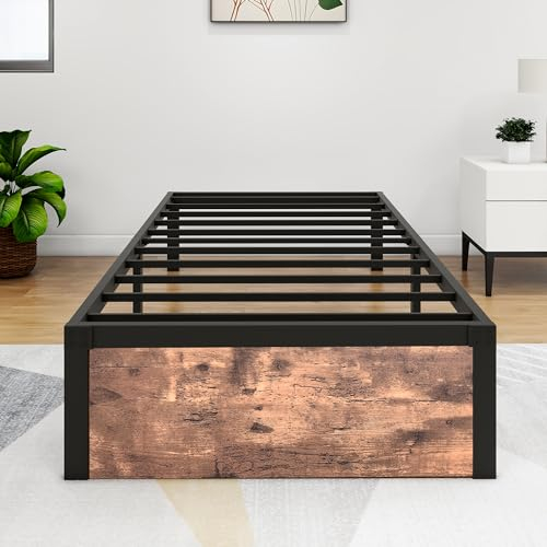 VERFARM Metallbett Bettrahmen mit Vintage Holz Fußbett, Bettgestelle mit Lattenrost für Schlafzimmer Gästezimmer, Einfache Montage, Rauschfrei, Keine Boxfeder Erforderlich, 90 x 200 cm