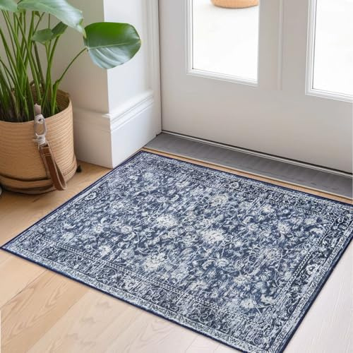 KILOCOCO Washable Rug 2x3 Rug for Entryway Printed Vintage Floral Soft Non-Slip Blue Kitchen Rugs Indoor Door Mat, Small Accent Throw Rugs for Laundry Room Bedroom Entrance