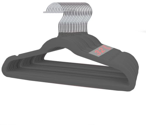 Stormix Kinder Kleiderbügel 32er-Pack, 35cm rutschfeste Kleiderbügel für Kinder, Samt-Kleiderbügel mit Schulterkerben für den Kleiderschrank Grau