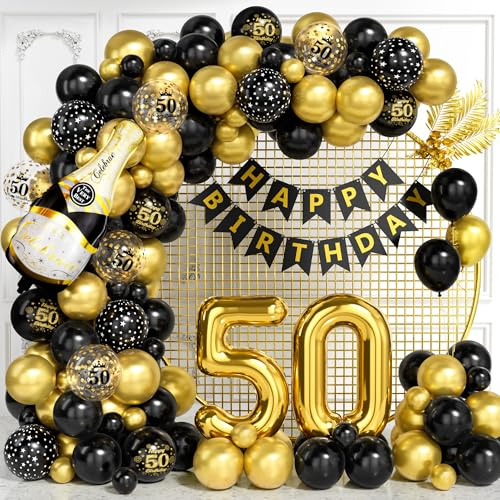 Decoraciones para 50º Cumpleaños, Kit Arco Globos Negros Dorados con Globos Foil Número 50, Globos Imprimidos, Banner Feliz Cumpleaños para Hombres Mujeres, Decoraciones Fiesta Negro Dorado 50 Años