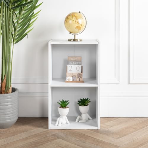 Cube Bookshelf White Wooden Storage Organizer Wooden Shelving Open Bookcase Shelf For Home Living Room Office Bedroom Furniture (White, 2 Tier)
