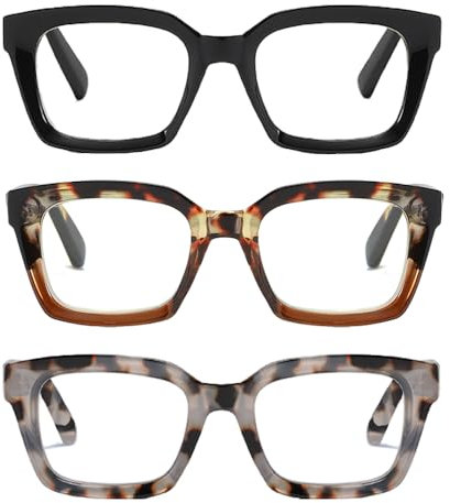 ZXYOO Confezione da 3 occhiali da lettura quadrati retrò con cerniere a molla e occhiali da lettura anti-luce blu+1.50
