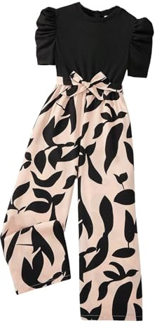 WDIRARA Girls's Casual Graphic Puff Sleeve Bow Belted Wide Leg Jumpsuit Black 8Y