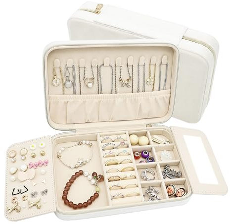 Boxudeli Boîte à bijoux de voyage en velours Grande boîte à bijoux portable Petit organiseur de bijoux pour boucles d'oreilles Boîte de rangement pour bijoux de voyage pour femme (Beige)
