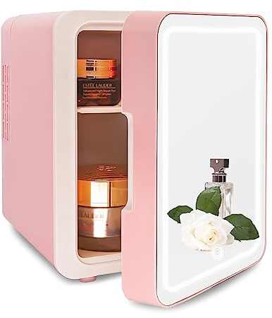 VNIMTI Mini Fridge 4L/6 Cans, Portable Skincare Fridge with Mirror, Small Fridge for Bedrooms, Cooler & Warmer Refrigerator for Car, Drinks, Beauty, Table Top, Office, Travel (4L- Pink)