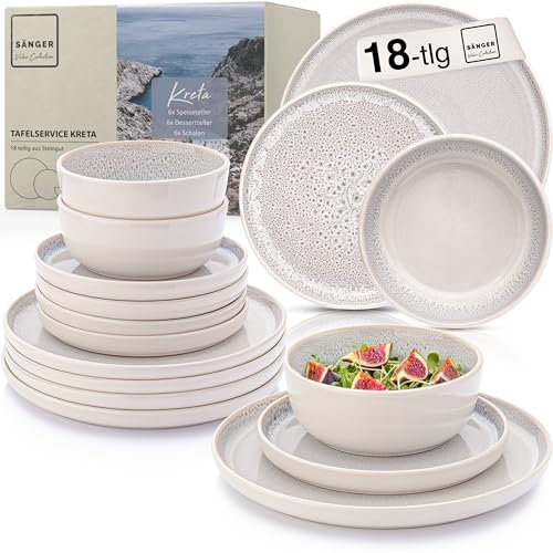 SÄNGER Kreta | Steingut Geschirr Set 18 tlg, Teller Set 6 Personen, Geschirrset 6x Speiseteller 6x Müslischalen 6x Dessertteller, Tafelservice Blau mit Cremefarben kratzfest | VALUE COLLECTION