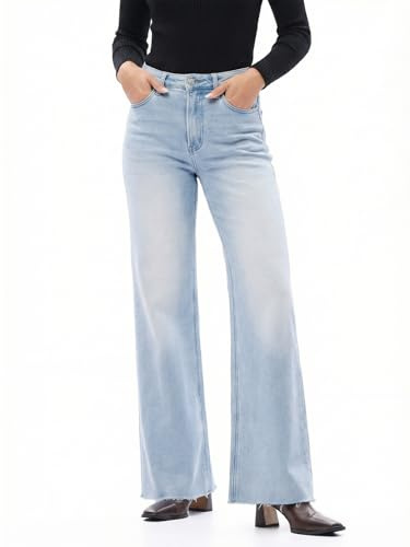 ONESO Women's High Waisted Wide Leg Jeans Stretchy Flare Jeans for Women Baggy Mom Denim Pants Casual Raw Hem