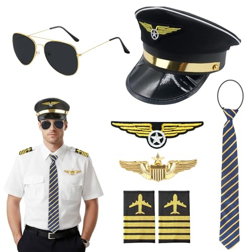 Pilot Costume 6PCS Captain Hat Costume Accessories Set with Armband Badge Sunglasses Tie, Adult Flight Attendant Fancy Dress Accessories Kit for Halloween Carnival Flying Party