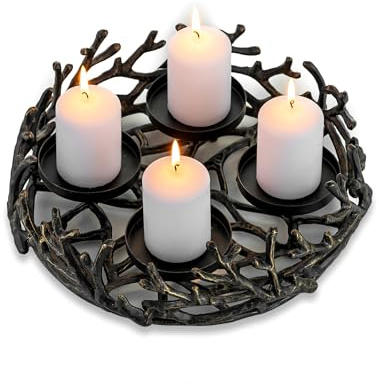 Romadedi Adventskranz Vintage Geweih Schwarz: Adventsgesteck Rund Klein Aluminium Ø 28cm für 4 Stumpenkerzen Ø 8 cm - Adventsschale Gestell Tablett Teller für Weihnachten Tisch