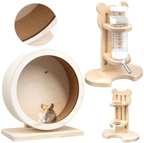 Kit Accessoires Hamster en Bois : 1 Roue de Sport Silencieuse (Ø 17,5cm) + 1 Support de Bouteille d'eau Réglable - Idéal pour Hamsters Nains et Souris